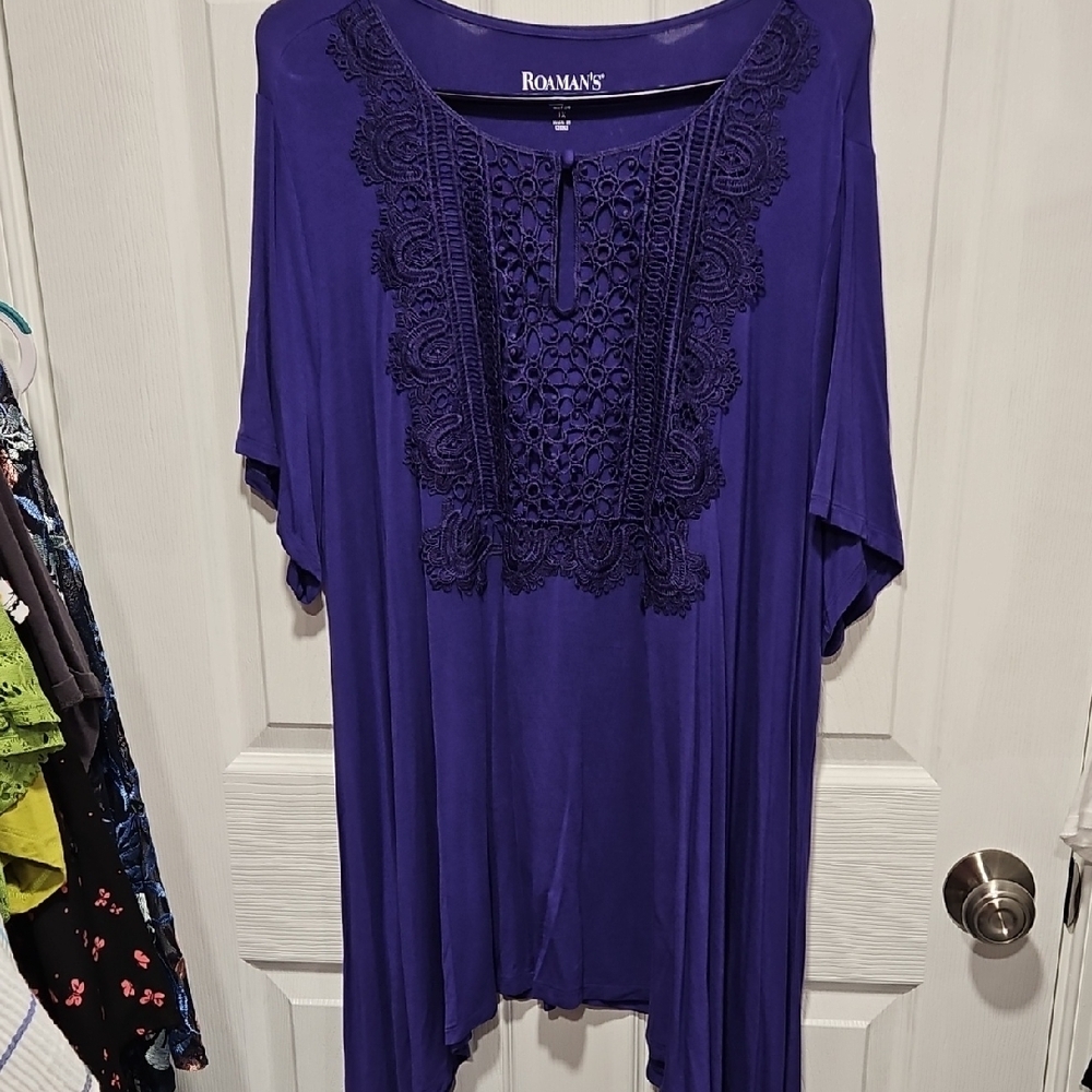 Roaman's Deep Purple Lace Accent Blouse